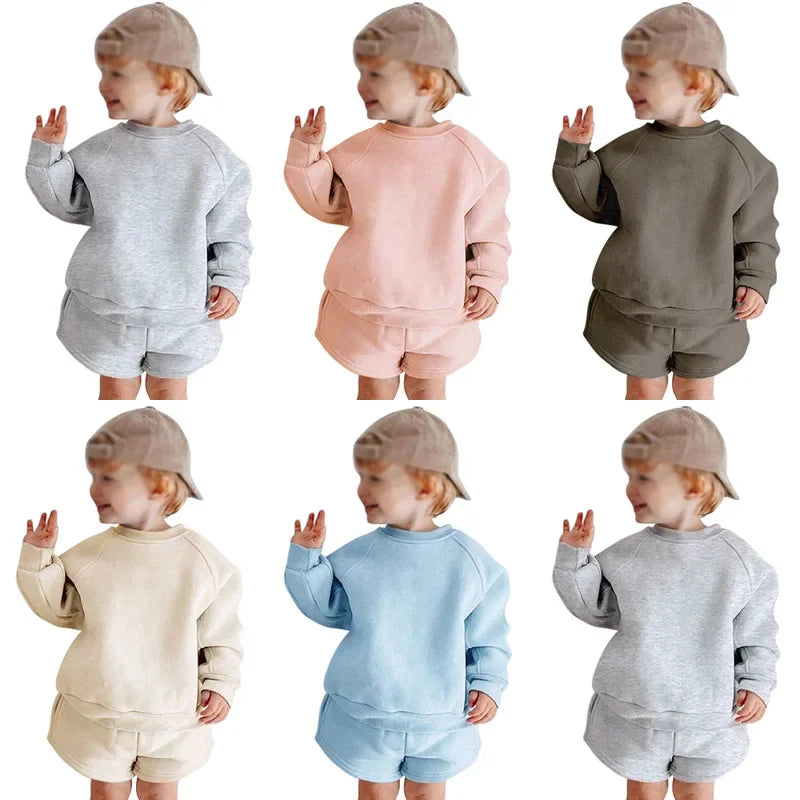 Fashion Kids Clothes Girl Outfit Set Solid Color Cotton Long Sleeve Tops Shorts Autumn Children Boys Clothing Sets 1-14 Years