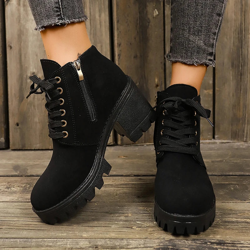 Chunky Platform Ankle Boots Women 2024 Autumn Pu Leather High Heels Short Boots Woman Side Zipper Thick Heeled Black Botas Mujer