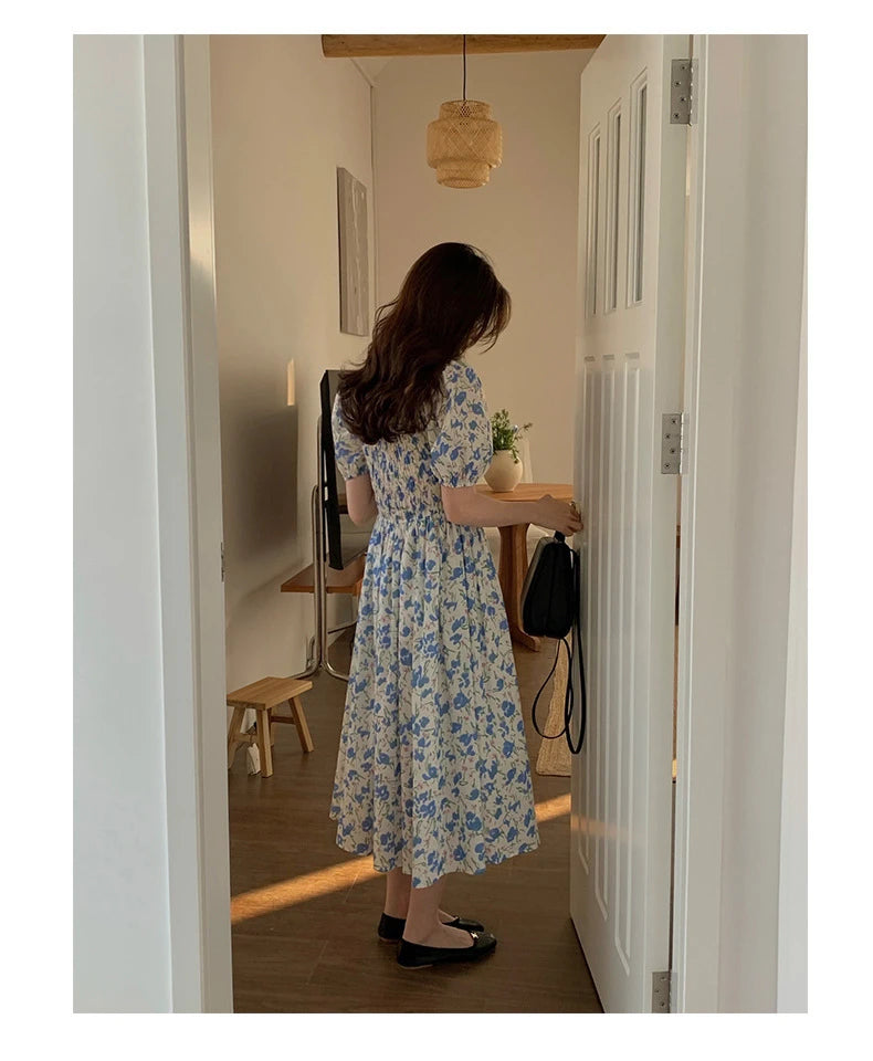 Spring Summer Printed Floral Dress Women Casual Dresses Elastic Waist Fashion Female Vestidos Short Sleeve A-line Dresses