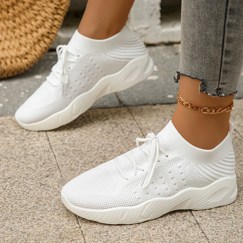 Breathable Knitted Athletic Shoes for Women 2024 Spring Low Top Casual Flat Shoes Woman Plus Size 43 Lightweight Tennis Sneakers