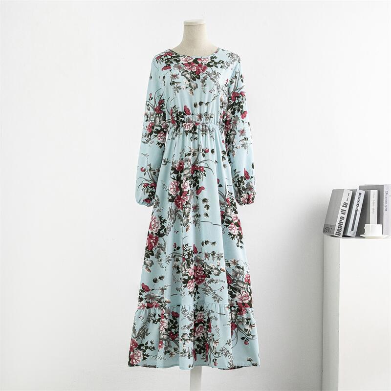 Spring Autumn Women Chiffon Dresses Casual Floral Printed Bark Crinkling Long Dresses O-neck Long Sleeve Loose Muslim Maxi Dress