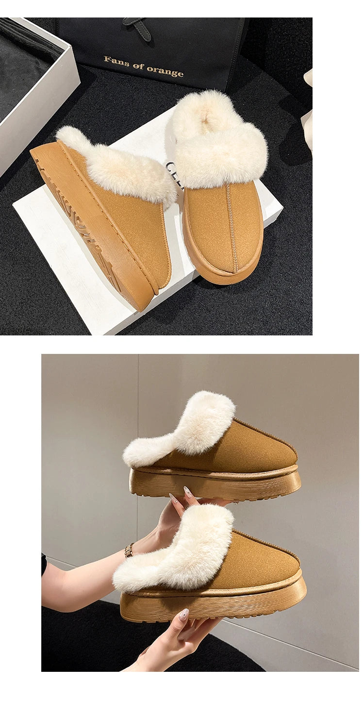 Women's new fur slippers for outdoor wear, 2024 winter short tube snow boots, thick soled warm cotton slippers