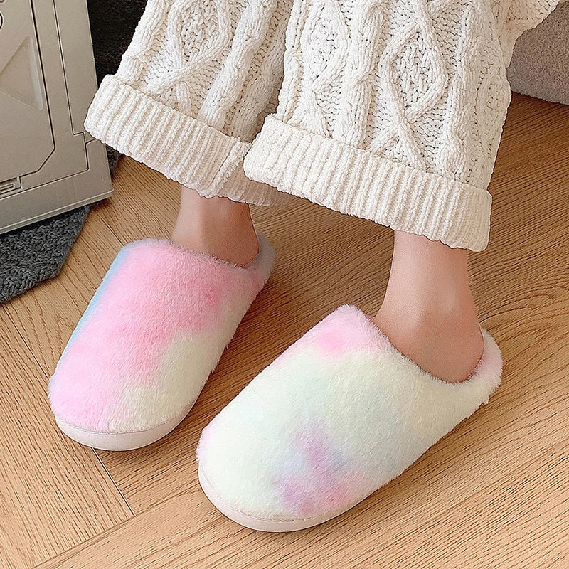 Tie Dye Fluffy Fur Slippers for Women 2024 Winter Closed Toe House Home Slippers Woman Non Slip Flat Heels Indoor Cotton Shoes