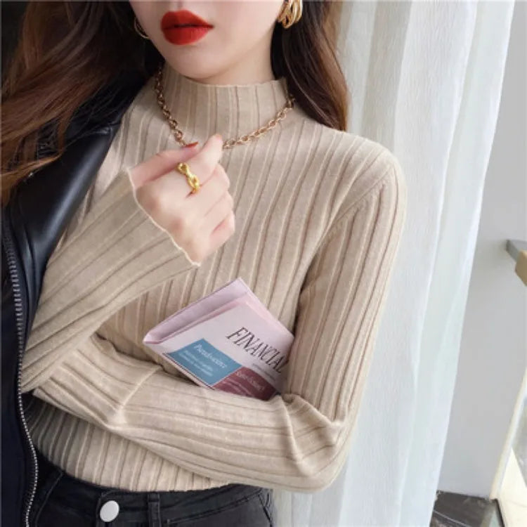 Autumn Winter Knitwear Tops Fashion Female Long Sleeve Skinny Elastic Casual Knitted Shirts Women Mock neck Pullover Sweaters