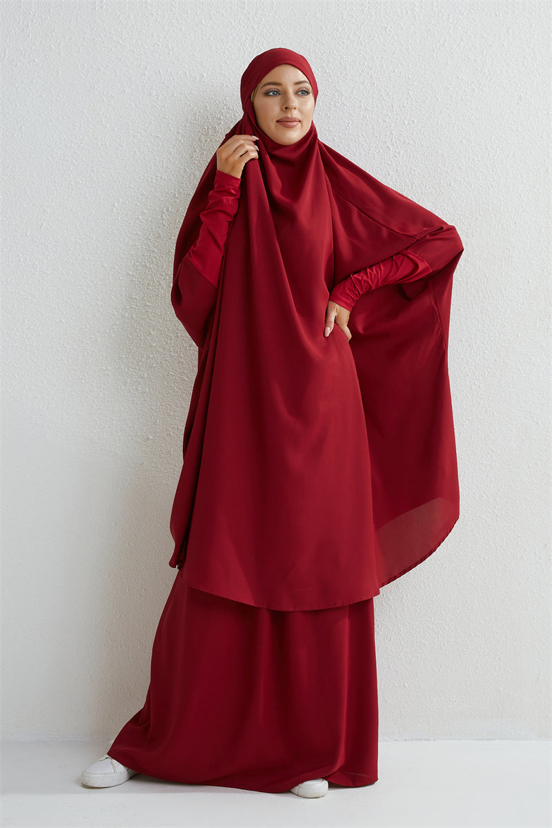 Muslim Sets Two Pieces Prayer Clothing Long Hooded Smocking Sleeve Shirts Hijab Loose Maxi Skirts Elastic Waist Women Abaya Sets