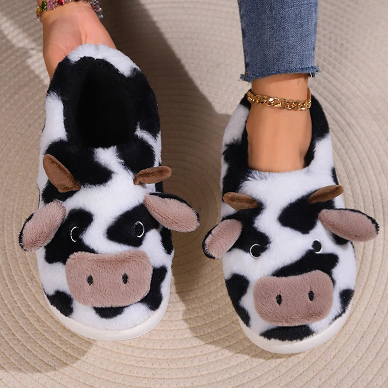 Cute Cartoon Cow Fluffy Fur Slippers Women 2024 Winter Non Slip Flat Heels Home Slippers Woman Non Slip Indoor Cotton Slides