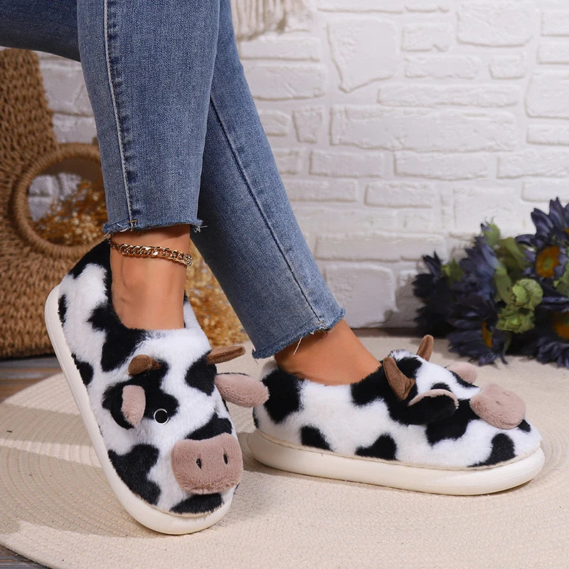 Cute Cartoon Cow Fluffy Fur Slippers Women 2024 Winter Non Slip Flat Heels Home Slippers Woman Non Slip Indoor Cotton Slides