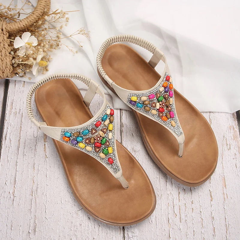 Retro Bohemian Flat Heels Sandals for Women 2024 summer Rhinestone Beads Clip Toe Sandals Woman Lightweight Beach Flip Flops