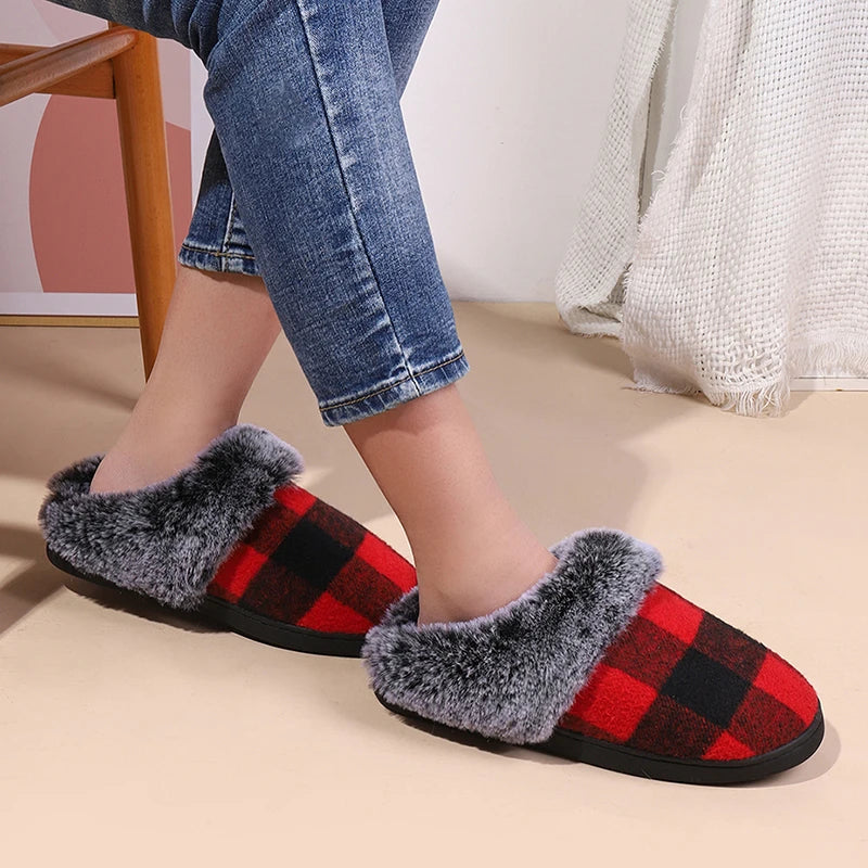 Plaid Thicken Plush Fur Slippers Women 2024 Winter Closed Toe Couple Home Slippers Woman Comfort Soft Sole House Shoes Slides