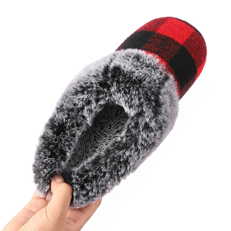 Plaid Thicken Plush Fur Slippers Women 2024 Winter Closed Toe Couple Home Slippers Woman Comfort Soft Sole House Shoes Slides