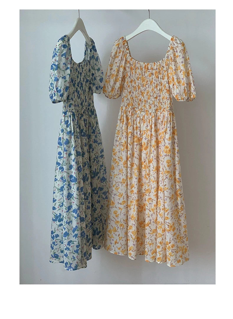 Spring Summer Printed Floral Dress Women Casual Dresses Elastic Waist Fashion Female Vestidos Short Sleeve A-line Dresses