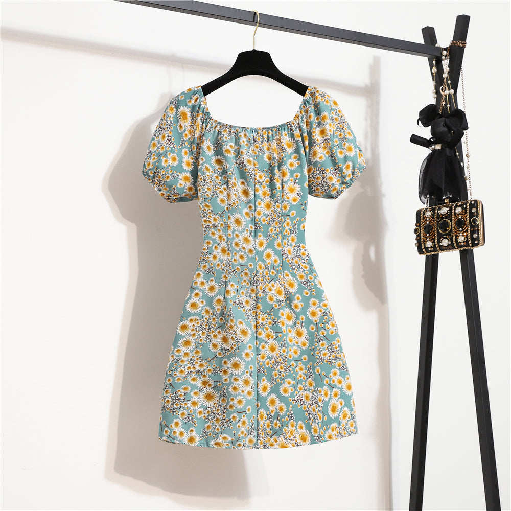 Women Mini Dresses Summer Fashion Female Vestidos Print Floral Chiffon Dresses Shirring Pleated Short Puffy Sleeve Casual Dress