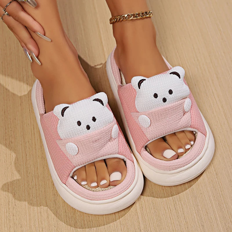 Cute Cartoon Bear Home Slippers Women 2024 Winter Comfort Soft Sole Linen Slippers Woman Non Slip Flat Heels House Shoes Slides