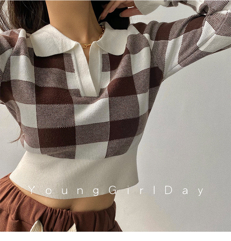 Autumn Winter Vintage Knitwear Crop Tops Women Pullover Sweaters Fashion Female Long Sleeve Elastic Casual Plaid Knitted Shirts