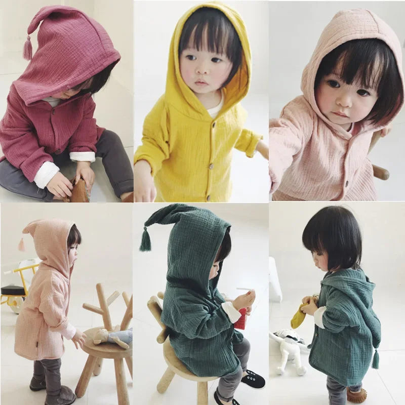 Solid Color Kids Jackets for Girls Cotton Linen Long Sleeve Hooded Baby Girl Jacket Spring Autumn Children Clothing 1-5 Years