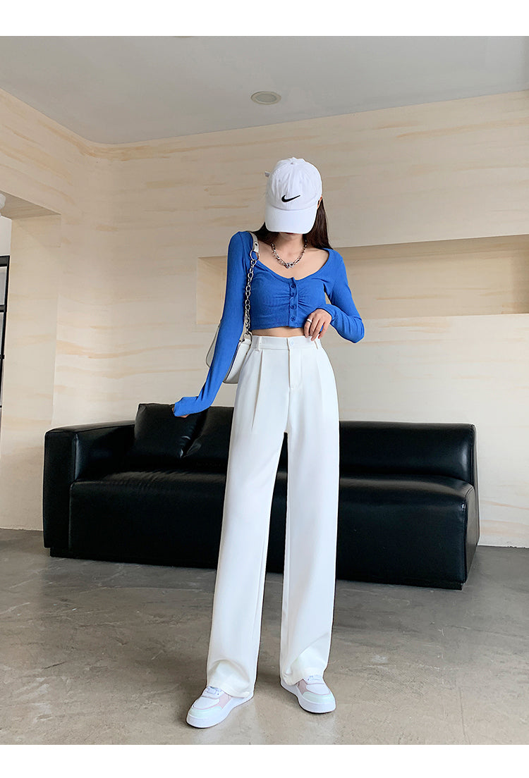 Women High Waist Floor-Length Suits Pants Autumn Winter White Loose Wide Leg Pants Female Office Ladies Straight Long Trousers