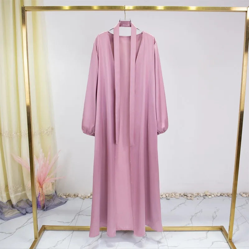 Women Abayas Muslim Kaftan Puff Sleeves Lace-up Maxi Length Ramadan Dresses Jilbabs Open Front  Abayas Outwear Cardigan Coats