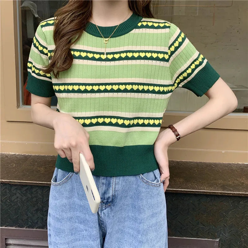 Spring Summer Women Knitted T-Shirts Striped Short Sleeve Shirts Tops Female Elastic Casual Knit Tee Crop Tops Women's T-Shirts