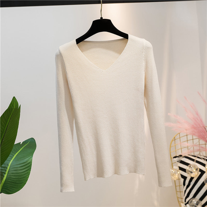 Women Knitted Shirts Fashion Female Autumn Winter Long Sleeve V-neck Skinny Elastic Casual Thin Sweater Pullover Tops Knitwear