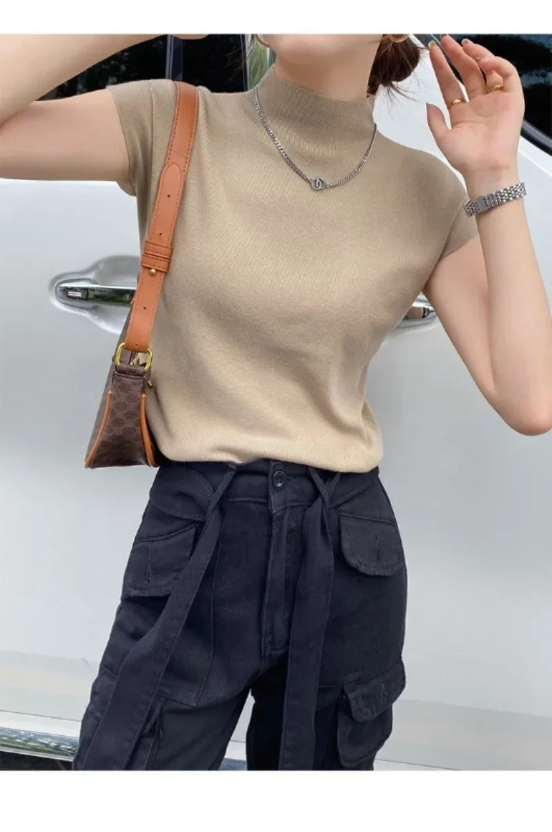 Summer Spring Tank Tops Women Sleeveless Knitted T-Shirts Female High Elastic Slim Casual Kniting T-Shirts Crop Tops Shirts