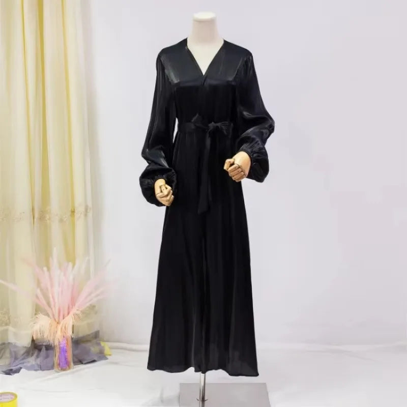 Kaftan Muslim Abayas Women's Islamic Clothing Long Sleeve Open Front Abaya With Belt Maxi Dress Women Jilbabs Dubai Robe Caftan