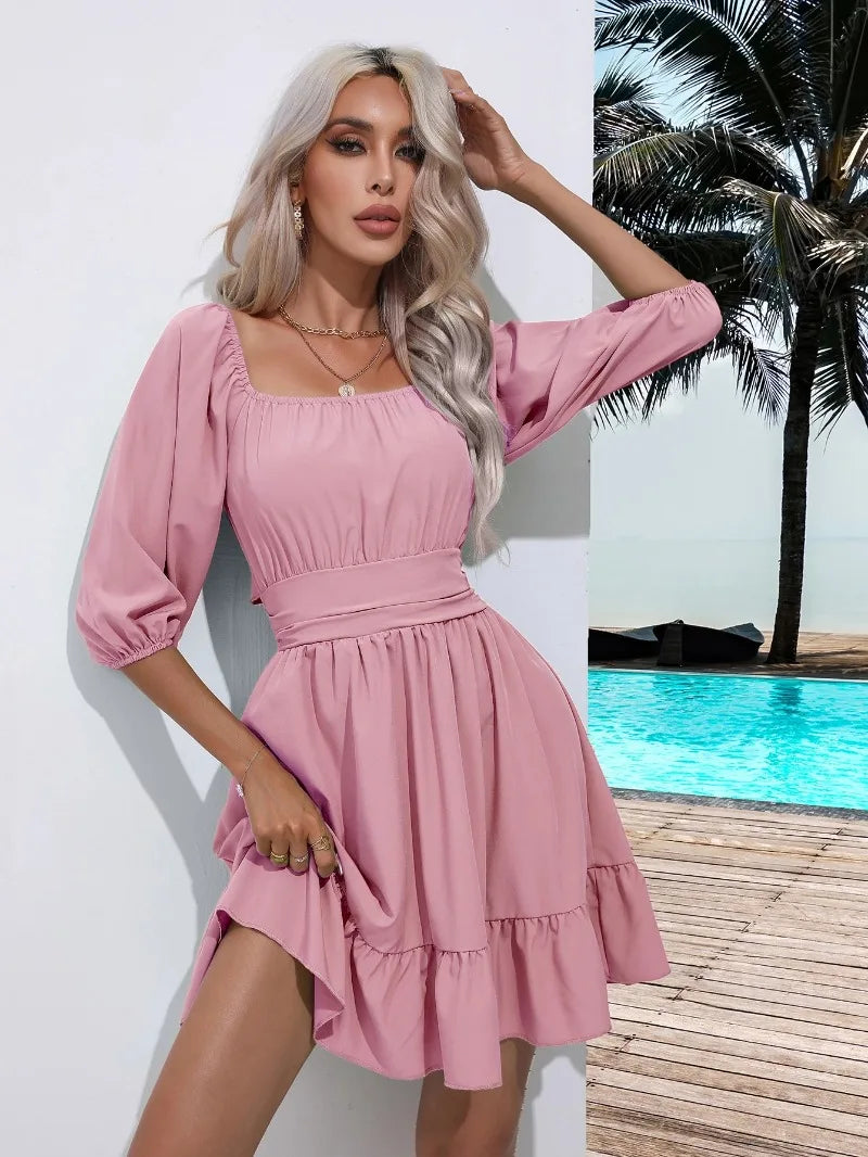 Summer Women Dresses Square Collar Bohemian RUFFLES Elastic Waist Above Knee Mini Dress Short Sleeves Pullover Mujer Vestidos