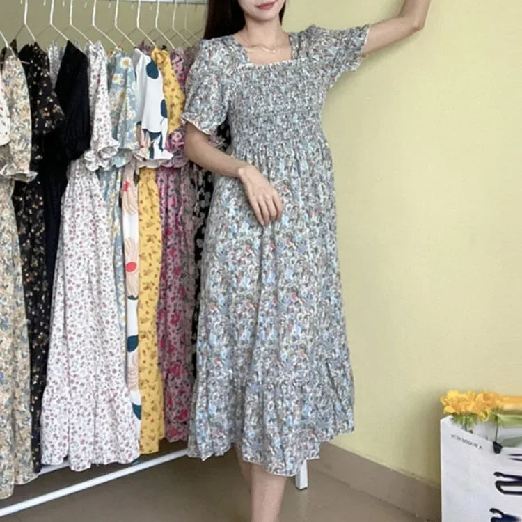 Spring Summer Elastic Waist Chiffon Dress Women Casual Dresses Vestidos Fashion Female Short Sleeve Pleated A-line Dresses