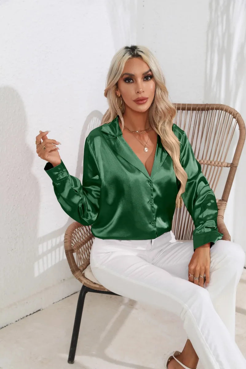 2024 Spring Summer Women Shirts Office Lady Woman Long Sleeve Satin Turn-down Collar Blouse with Single Breasted Female Blouses