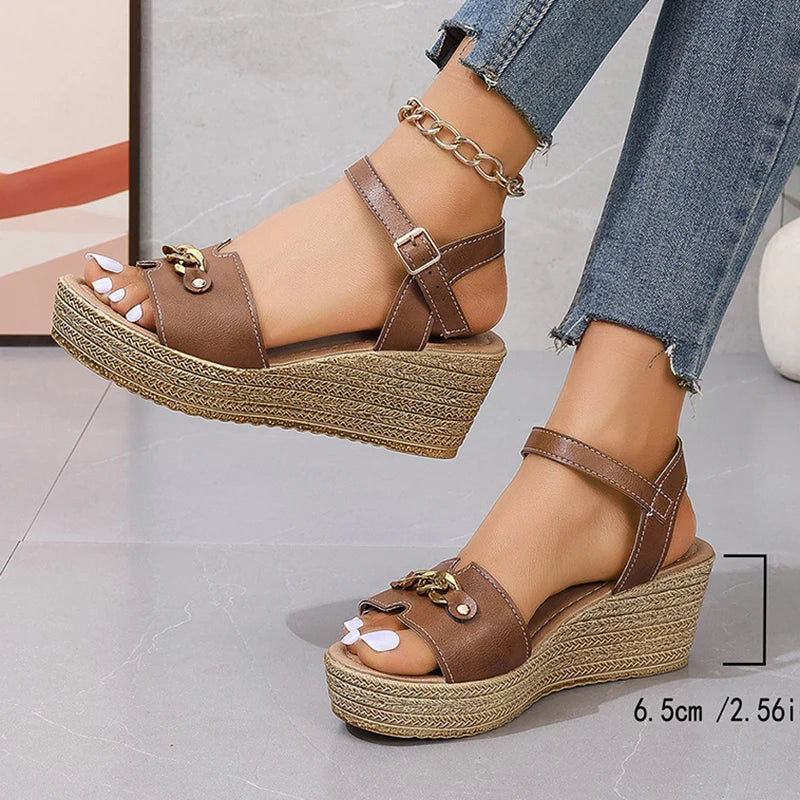 Golded Chain Decor Wedge Heels Sandals Women Ankle Buckle Strap Chunky Platform Sandals Woman Thick Bottom Comfort Summer Shoes