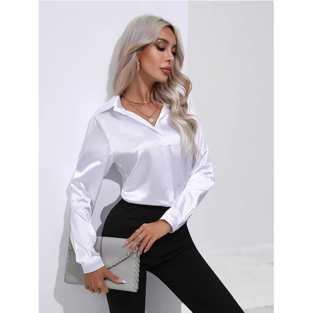 Women's Shirt with Single Breasted Long Sleeve Shirts Spring Summer Silk Shirt Office Lady Satin Turn-down Collar Casual Blouses