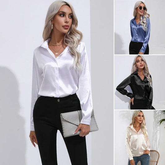 Women's Shirt with Single Breasted Long Sleeve Shirts Spring Summer Silk Shirt Office Lady Satin Turn-down Collar Casual Blouses