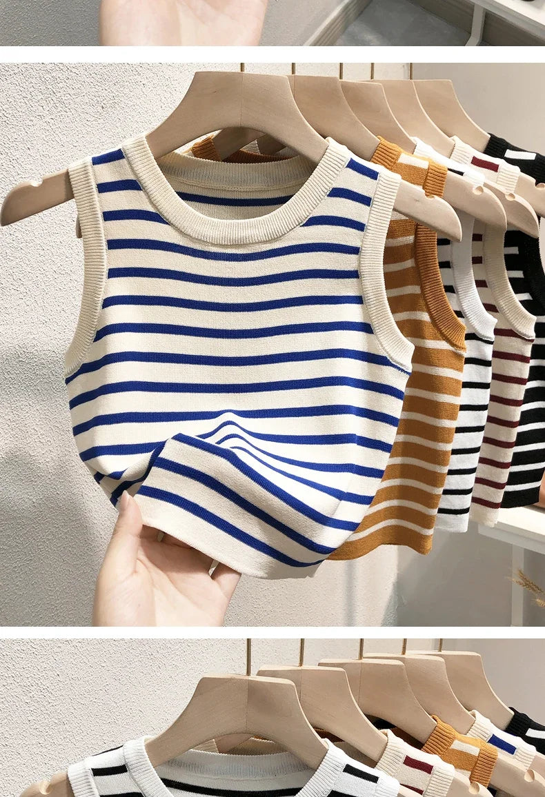 Summer Spring Striped Tank Tops Women Sleeveless Knitted T-Shirts Crop Tops Female Elastic Slim Casual Vests Pullover Camis