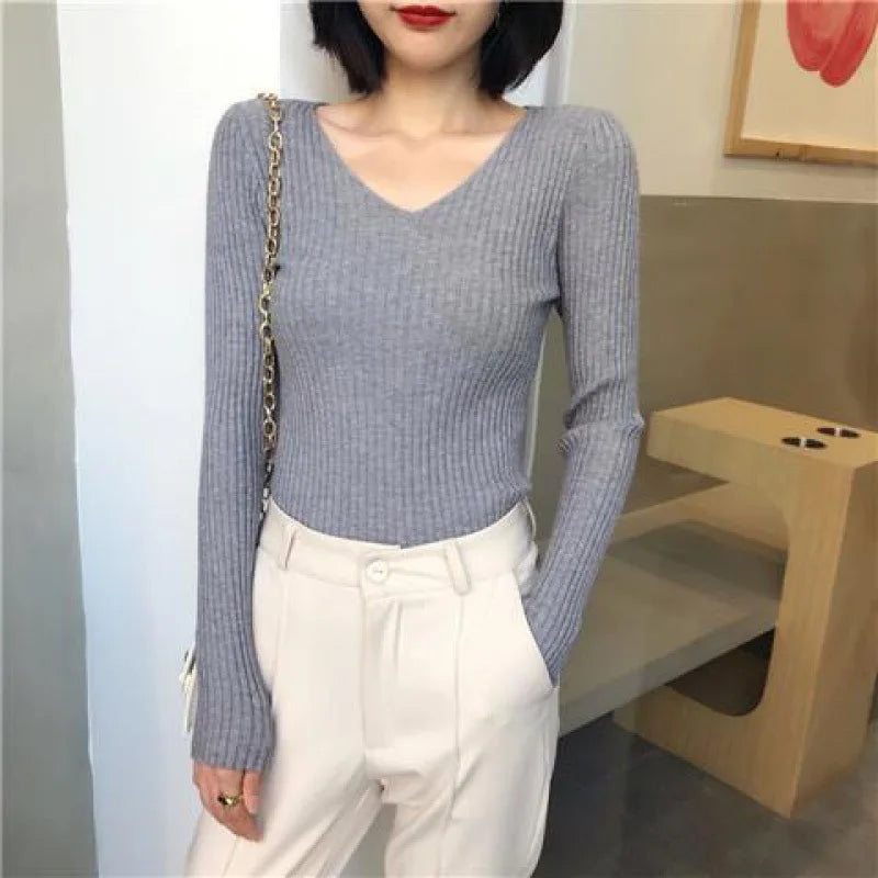 Autumn Fashion Female Long Sleeve V-neck Skinny Elastic Casual Sweater Women Knitted Shirts Pullover Top Women's Sweaters