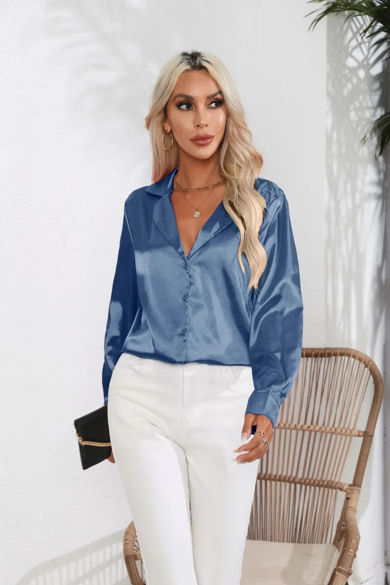 2024 Spring Summer Women Shirts Office Lady Woman Long Sleeve Satin Turn-down Collar Blouse with Single Breasted Female Blouses