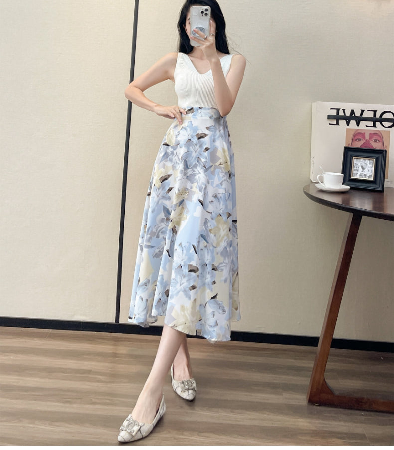 2022 Summer High Waist Women Skirts Casual Floral Printed Chiffon Woman Midi Skirts Bohemian Beach Holiday Long A-line Skirts