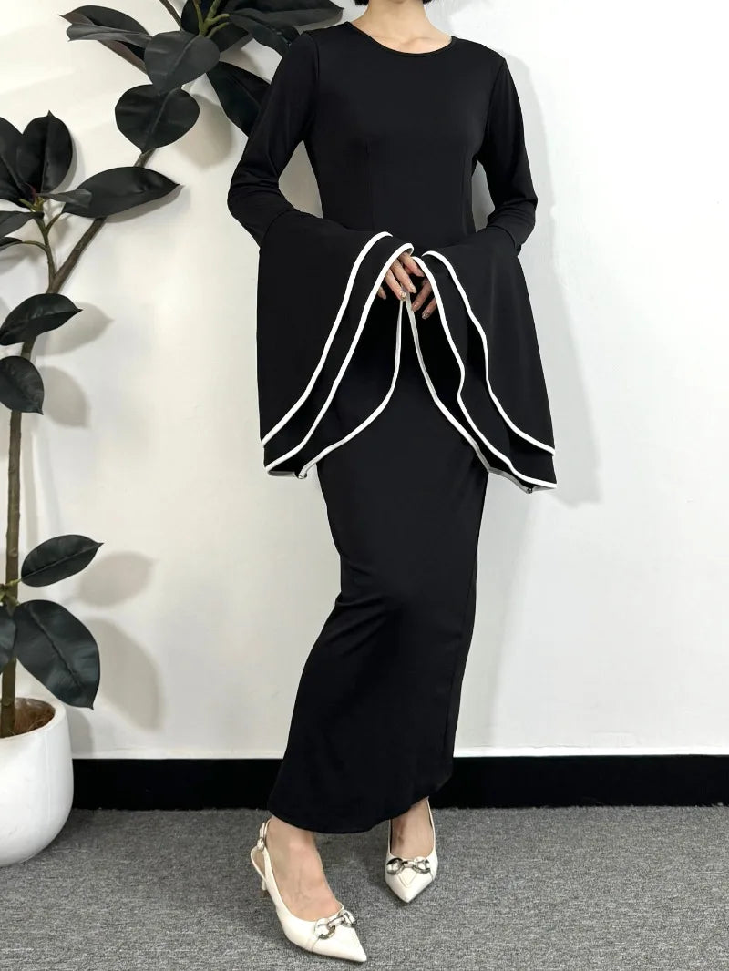 Muslim Evening Dress Women Party Dresses Flare Sleeve Elastic Elegant Slim Maxi Dress Kaftan Muslim Abayas Islamic Clothing