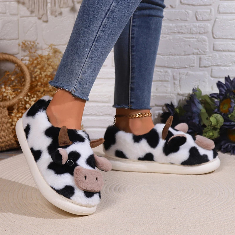 Cute Cartoon Cow Fluffy Fur Slippers Women 2024 Winter Non Slip Flat Heels Home Slippers Woman Non Slip Indoor Cotton Slides