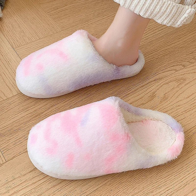 Tie Dye Fluffy Fur Slippers for Women 2024 Winter Closed Toe House Home Slippers Woman Non Slip Flat Heels Indoor Cotton Shoes