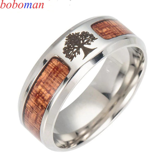 New Nordic Vikings Runes Amulet Life Tree Ring Men Stainless Steel Mosaic Wood Semi-circle Rings For Women Mens Jewelry Gift