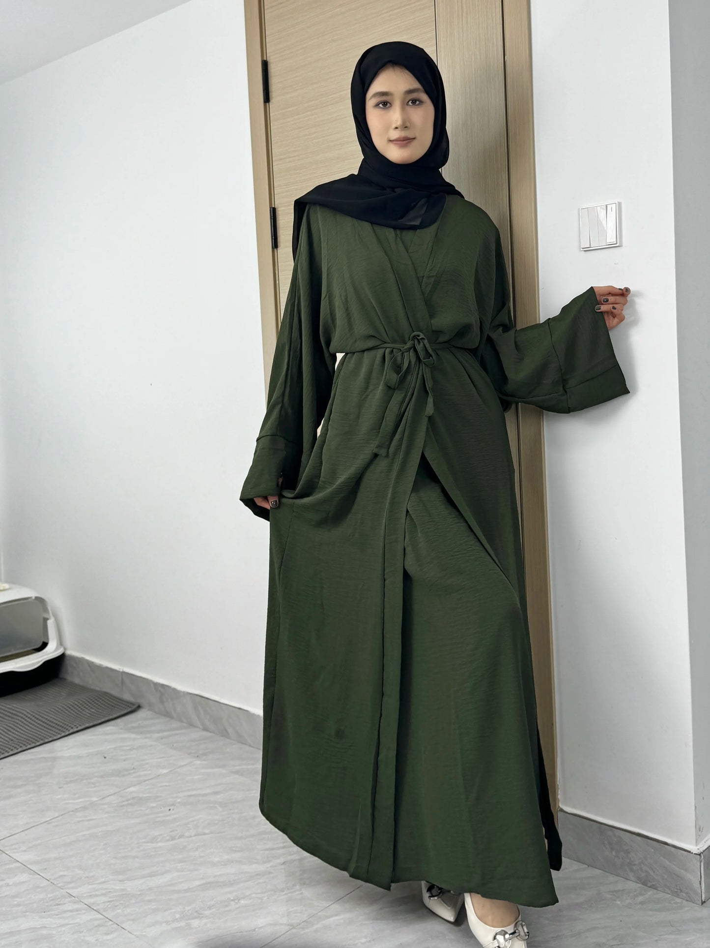 Women Open Front Abaya Muslim Sets Muslim Jilbab Loose Cardigan Coat Sleeveless Inner Dress Two Pieces Prayer Clothing with Belt