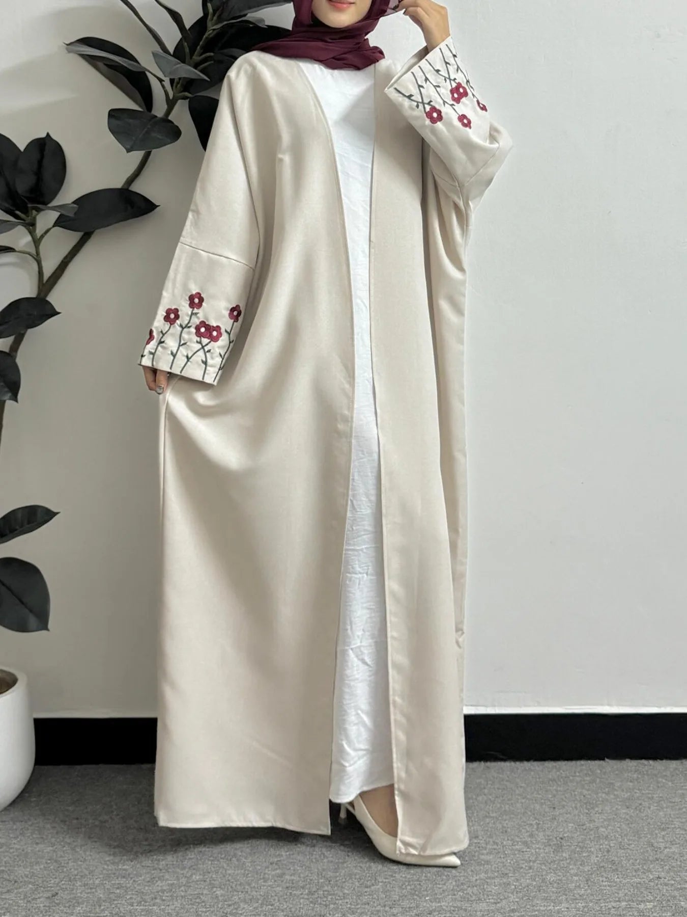 Embroidery Floral Open Front Abaya Women Maxi Length Dress Women's Clothing Muslim Abayas Long Sleeve Kaftans Women Jilbabs