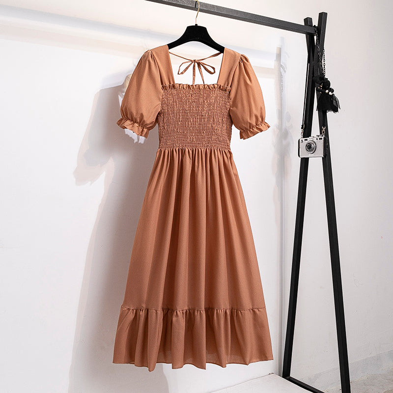 2023 Spring Summer Short Sleeve Casual Dresses Female Elastic Waist Pleated Backless Chiffon Dress Women Midi Dresses Vestidos