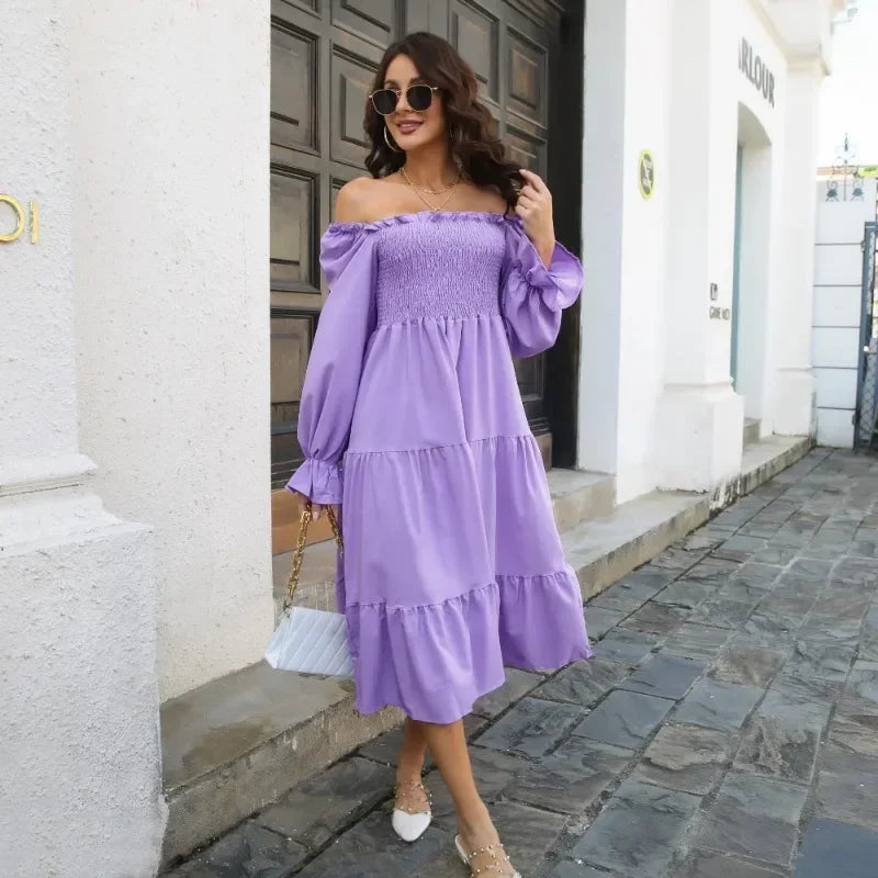 Spring Autumn Pleated Square Neck Women Dresses Vintage Loose Puff Long Sleeve Woman Dress Solid Ruffle Loose Mujer Vestidos