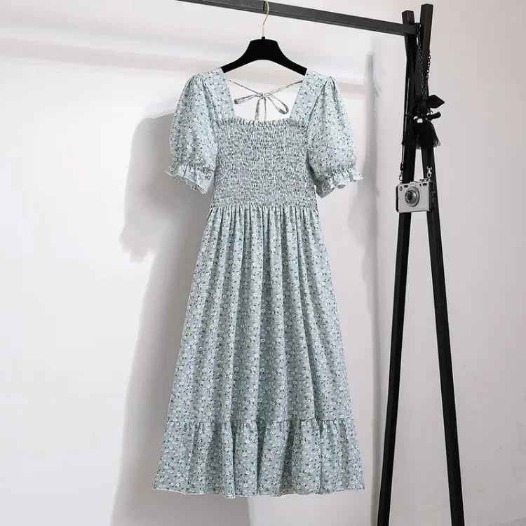 Spring Summer Elastic Waist Chiffon Dress Women Casual Dresses Vestidos Fashion Female Short Sleeve Pleated A-line Dresses