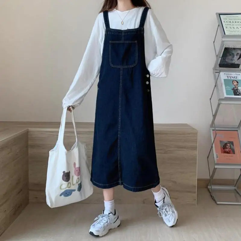 Spring Summer Denim Overall Dress Women Casual Sleeveless Jeans Dresses Fashion Solid Split Loose Spaghetti Strap Dresses Girls