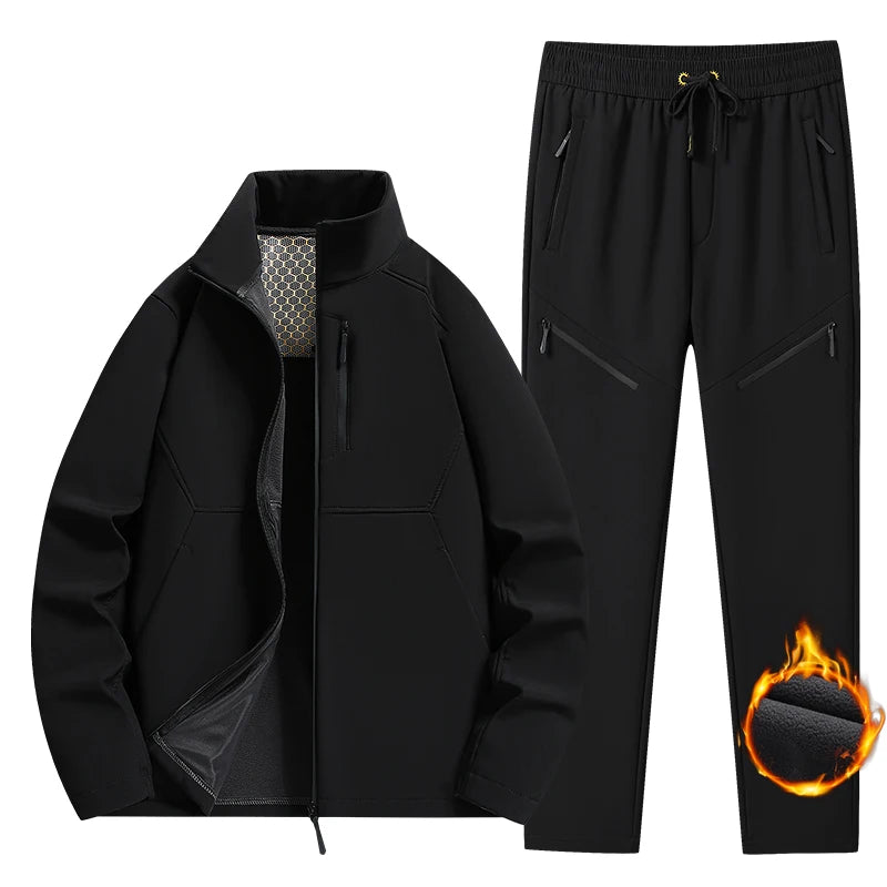 Winter Men Outdoor Fleece Sport Suits Tracksuit Men Sportswear Thick Hike Sets Male Joggers Hooded Suit 2 Pieces Jacket Pant 6XL