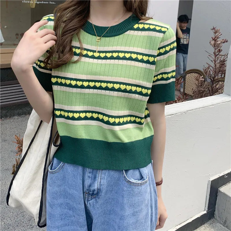 Spring Summer Women Knitted T-Shirts Striped Short Sleeve Shirts Tops Female Elastic Casual Knit Tee Crop Tops Women's T-Shirts