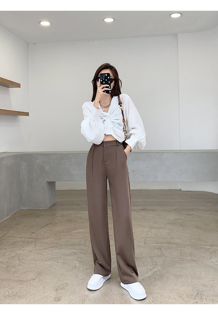 Women High Waist Floor-Length Suits Pants Autumn Winter White Loose Wide Leg Pants Female Office Ladies Straight Long Trousers