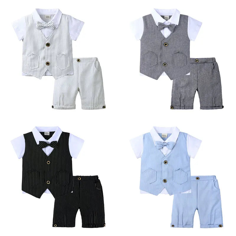 Gentleman Style Children Boys Clothes Summer Kids Clothes Suit Cotton Short Sleeve Bow Tops+Shorts Formal Baby Boy Clothes