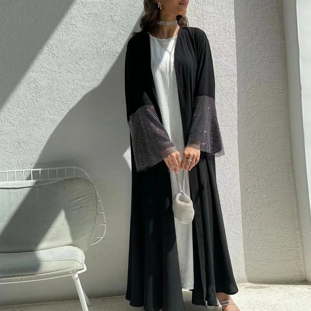 Muslim Out Abaya Kaftans Women Jilbabs Smocking Sleeve With Rhinestone Prayer Cardigan Coat Islamic Clothing Dubai Saudi Robe